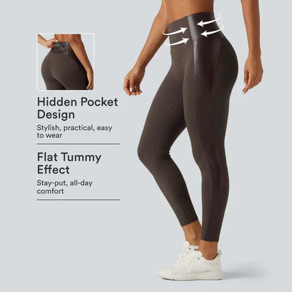 High Waisted Stretchy PU Tummy Control Yoga Leggings with Pocket 🧘