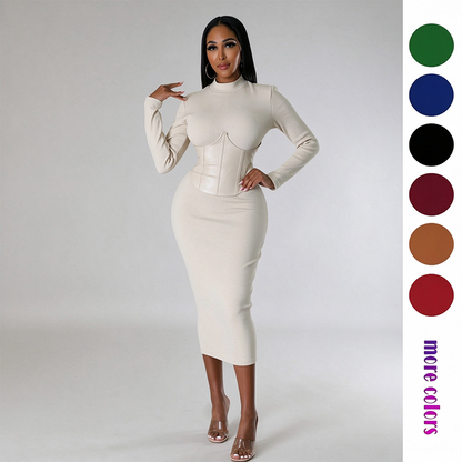 Women's Long-Sleeve High-Stretch Bodycon Midi Dress with PU Waist Belt Detail 👗