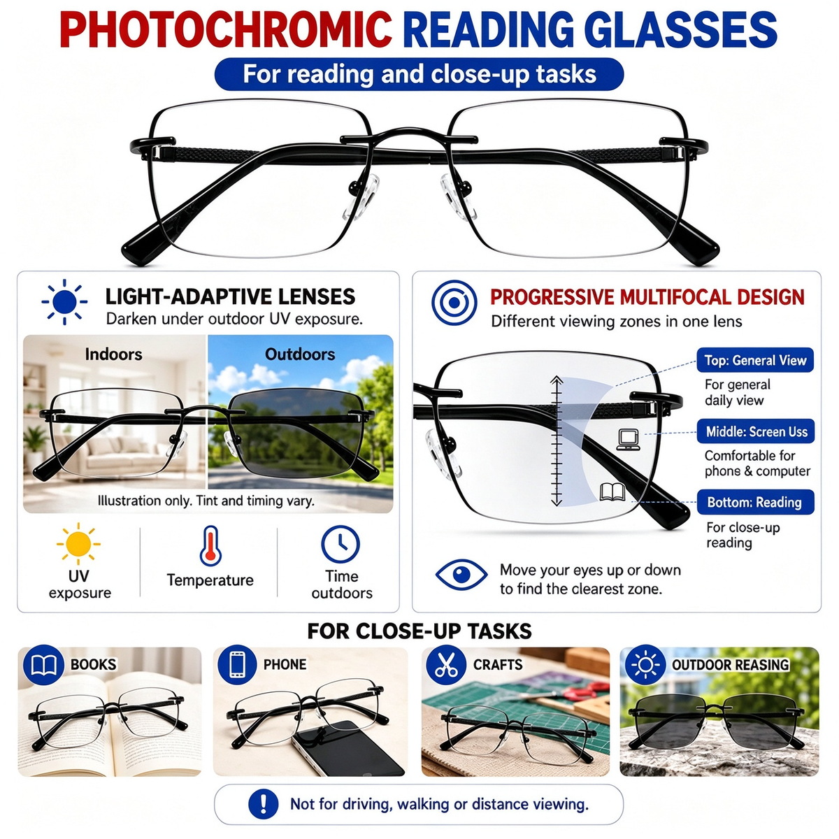 Unisex Progressive Multifocal Photochromic Reading Eyeglasses 🕶️