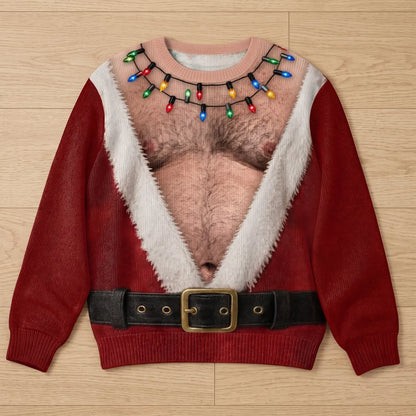 Funny Hairy Chest Santa Lights Ugly Christmas Sweater🎅