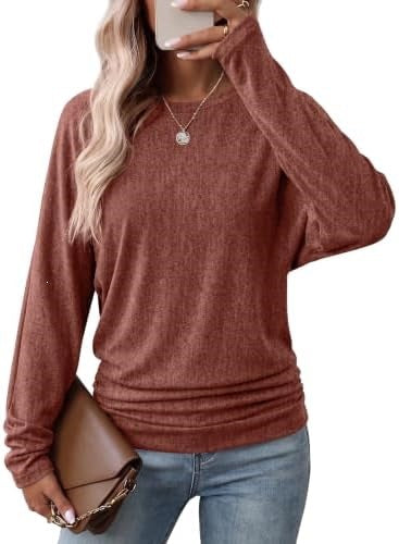 Womens Long Sleeve Shirts Ruched Hem Fall Tops Lightweight Sweaters ✨