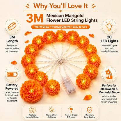 3M Mexican Marigold LED String Lights, 20 Flashing Orange Cempasuchil Style Garland✨