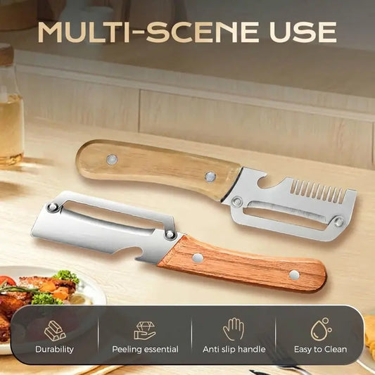Ultra-sharp stainless steel peeler with wooden handle and bottle opener (2-piece set)