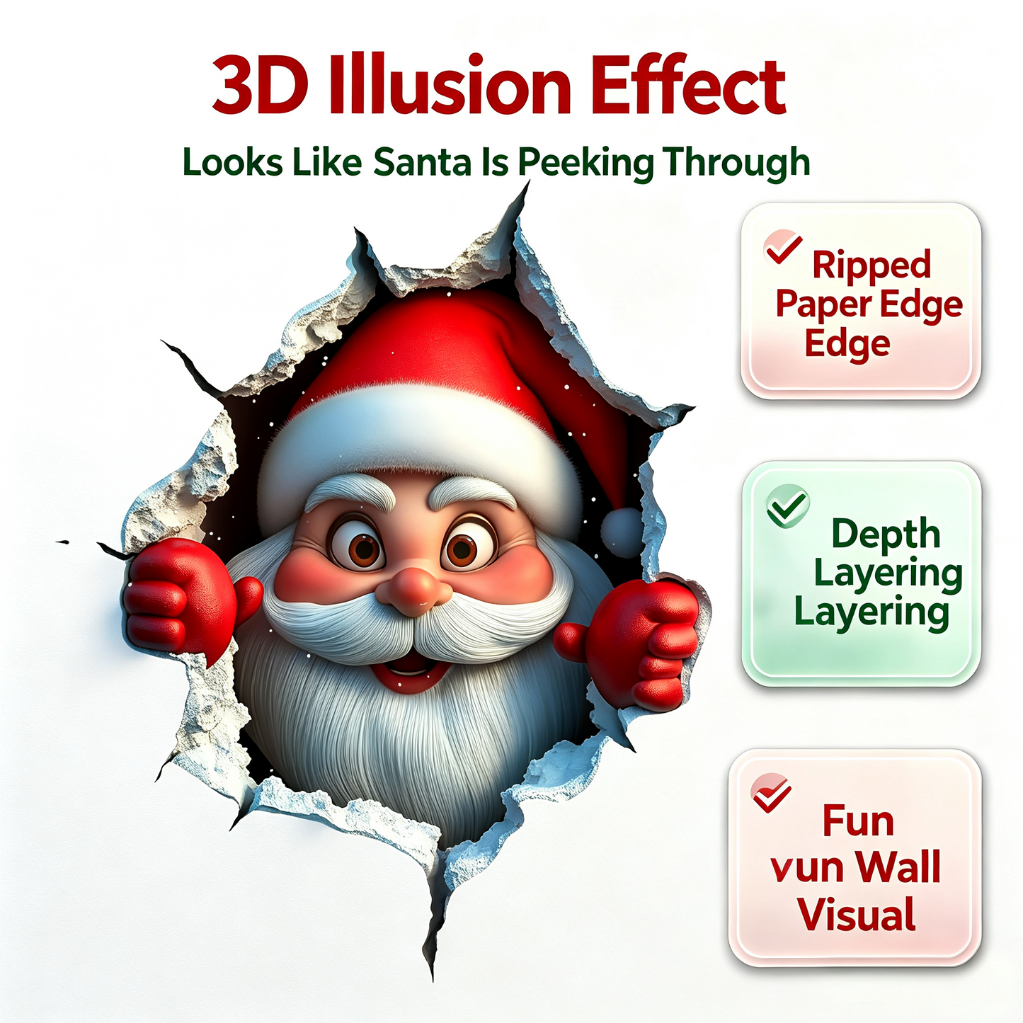 3PCS Festive Decor Santa Face Vinyl Stickers - Smooth 3D Illusion Figure Shape Peel-Off Pack 🎅