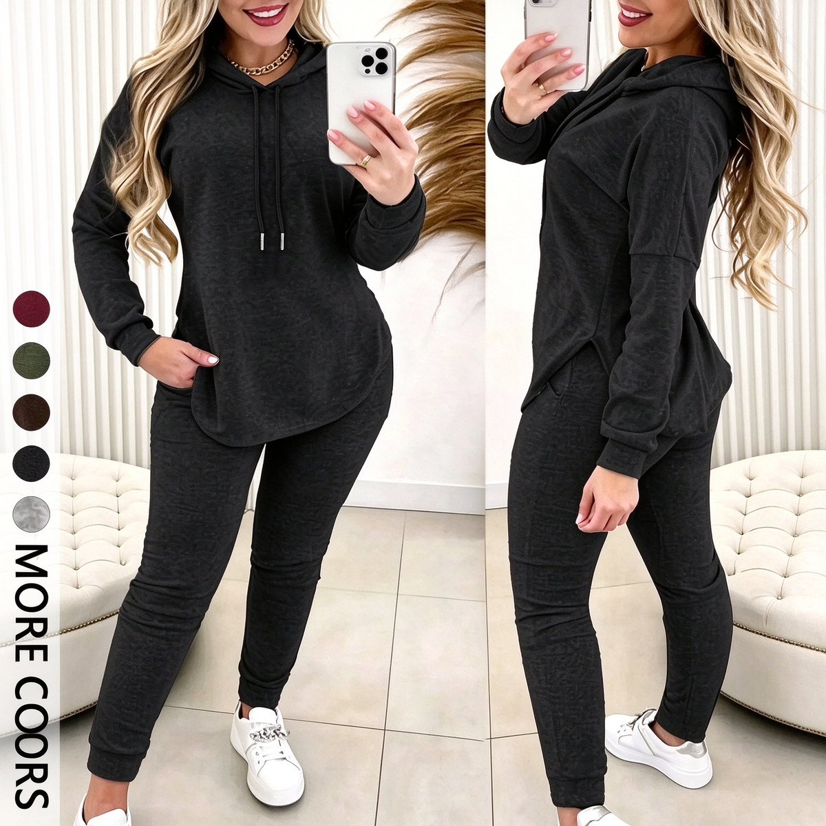Women's Solid Basic 2-Piece Outfit, Drawstring Hooded Long Sleeve Top & Slim Fit Casual Pants 🧶