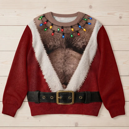 Funny Hairy Chest Santa Lights Ugly Christmas Sweater🎅