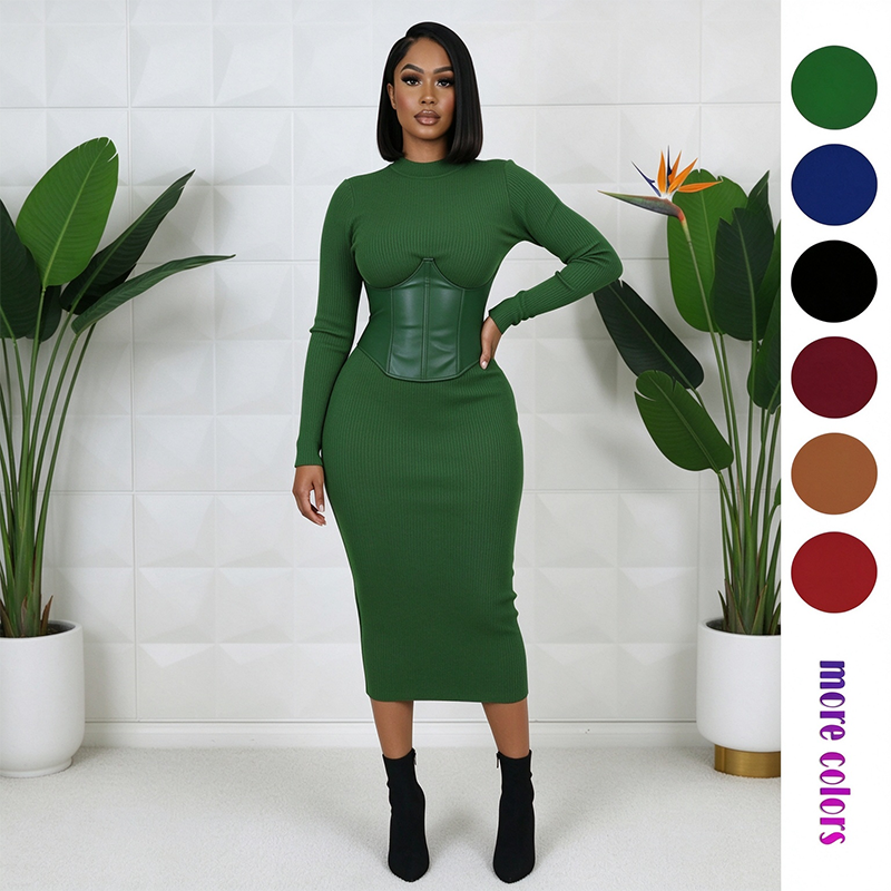 Women's Long-Sleeve High-Stretch Bodycon Midi Dress with PU Waist Belt Detail 👗
