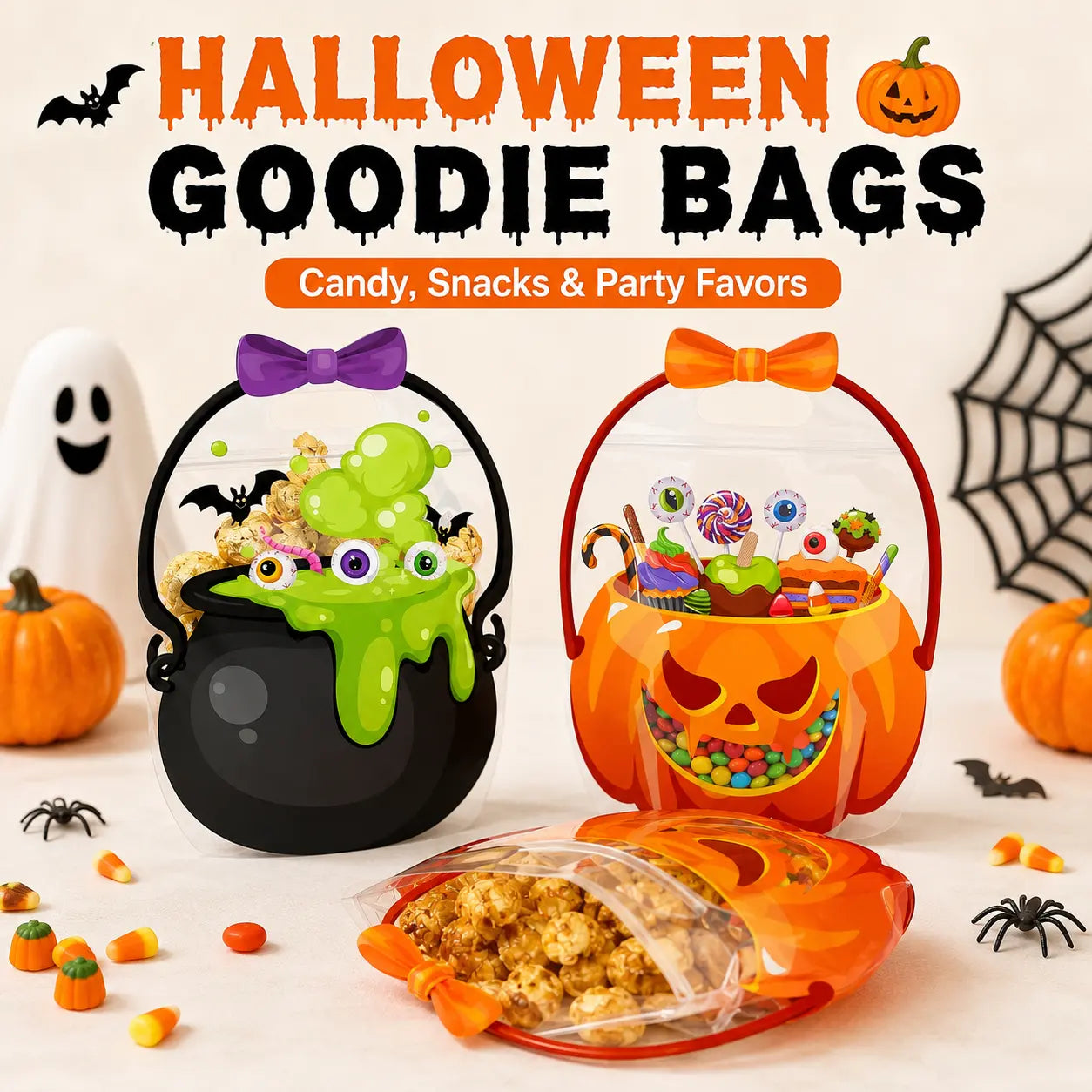 Halloween Plastic Goodie Bags, Trick or Treat Candy Bags 🎃