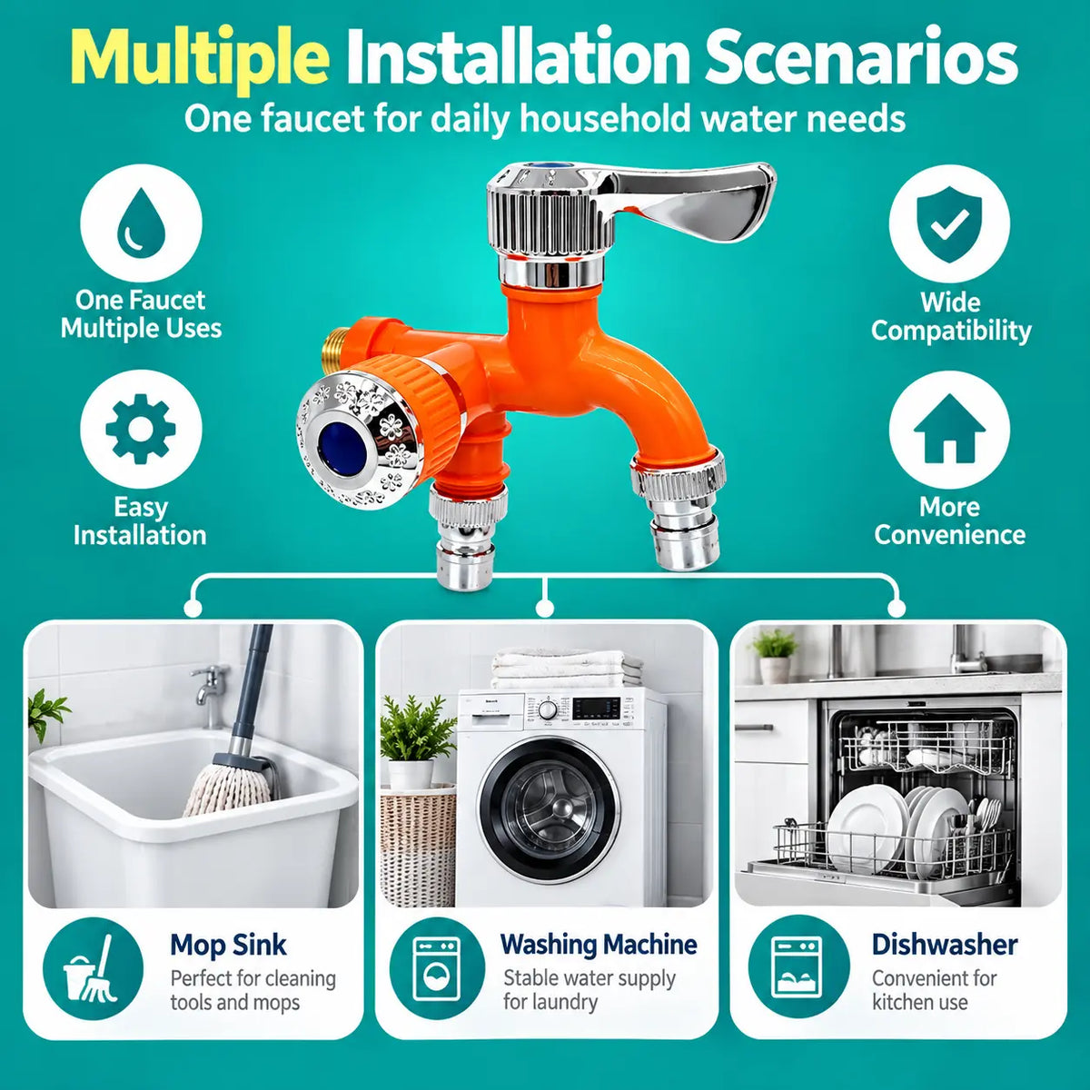 Dual Outlet Washing Machine Plastic Faucet, 1 In 2 Out Water Plastic Tap🚰