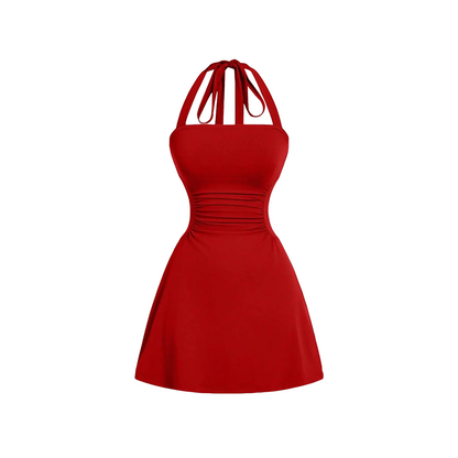 Women's Plain Ruched Tie Back Halter Neck Dress, Casual Chic Sleeveless A Line Short Dress👗