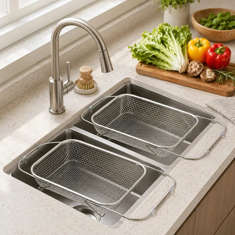Stainless Steel Over-The-Sink Colander Strainer Basket, Expandable Rectangle Fine Mesh Kitchen Utensils🥣