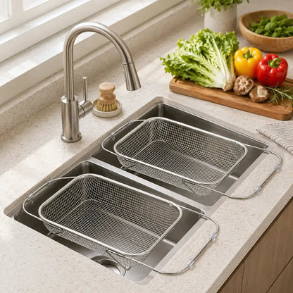 Stainless Steel Over-The-Sink Colander Strainer Basket, Expandable Rectangle Fine Mesh Kitchen Utensils🥣
