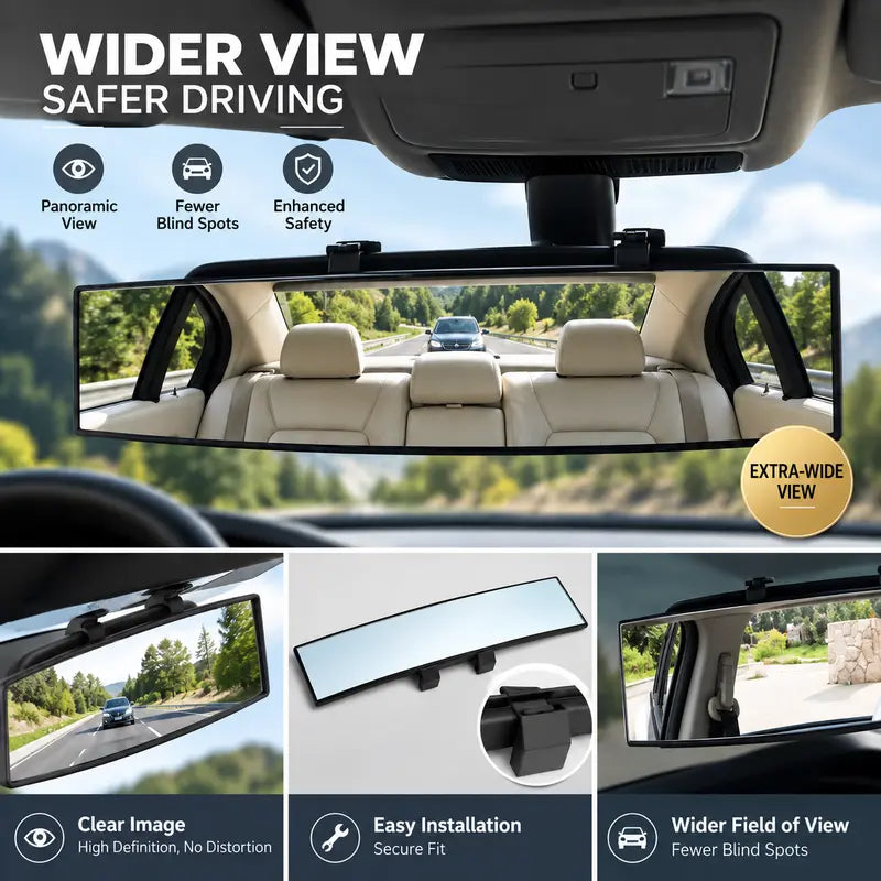 12-Inch HD Convex Panoramic Rearview Mirror, Clip-On Car Interior Mirror with Anti-Slip Clips 🚗
