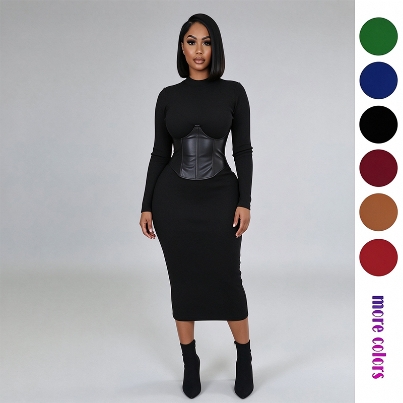 Women's Long-Sleeve High-Stretch Bodycon Midi Dress with PU Waist Belt Detail 👗