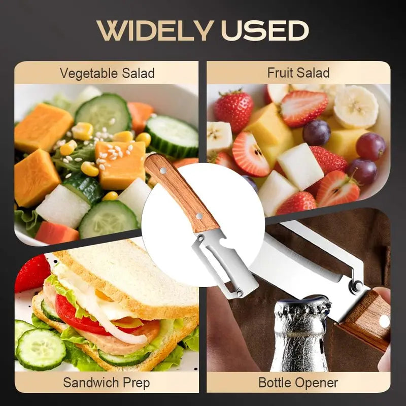 Ultra-sharp stainless steel peeler with wooden handle and bottle opener (2-piece set)