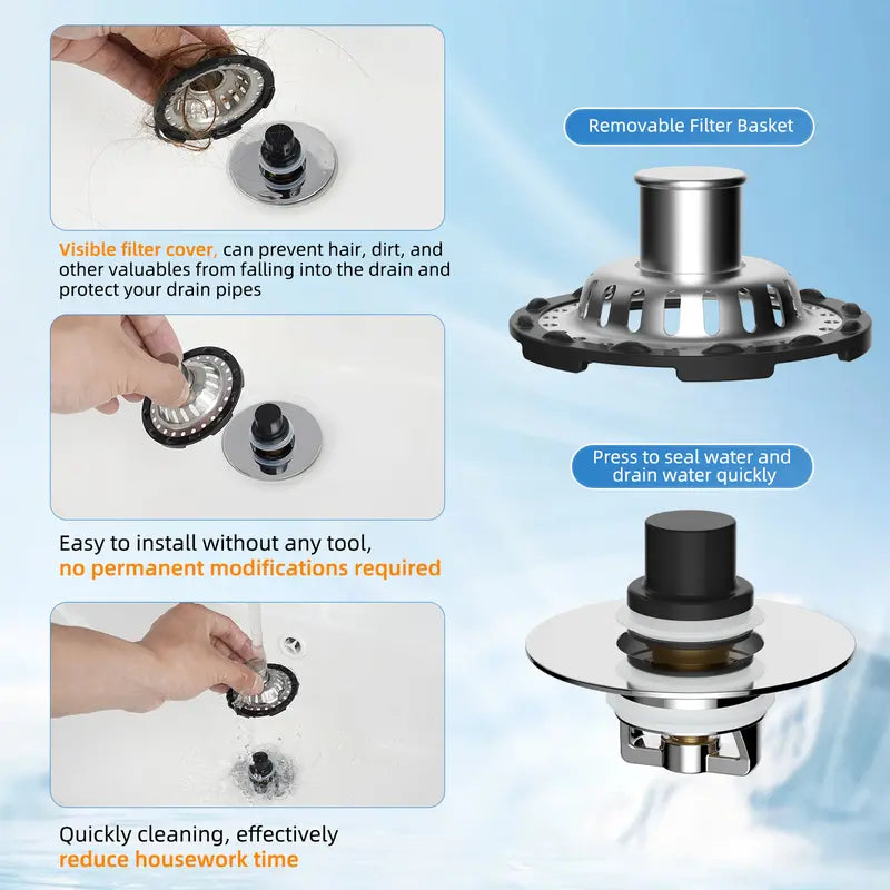 Hibbent 3-in-1 Pop-up Sink Stopper - 1 Pack Chrome, Visible Top Hair Catcher🚿