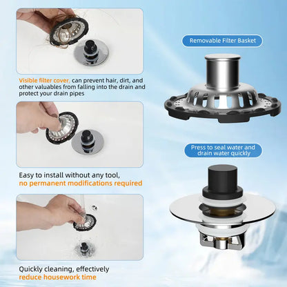Hibbent 3-in-1 Pop-up Sink Stopper - 1 Pack Chrome, Visible Top Hair Catcher🚿