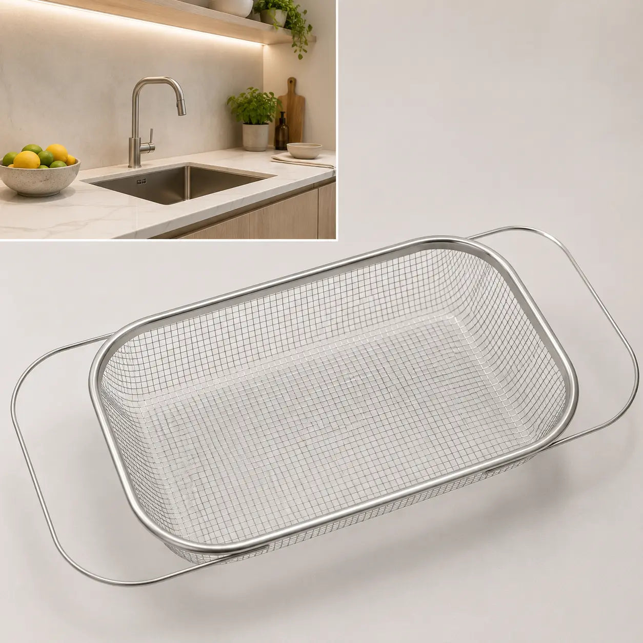 Stainless Steel Over-The-Sink Colander Strainer Basket, Expandable Rectangle Fine Mesh Kitchen Utensils🥣