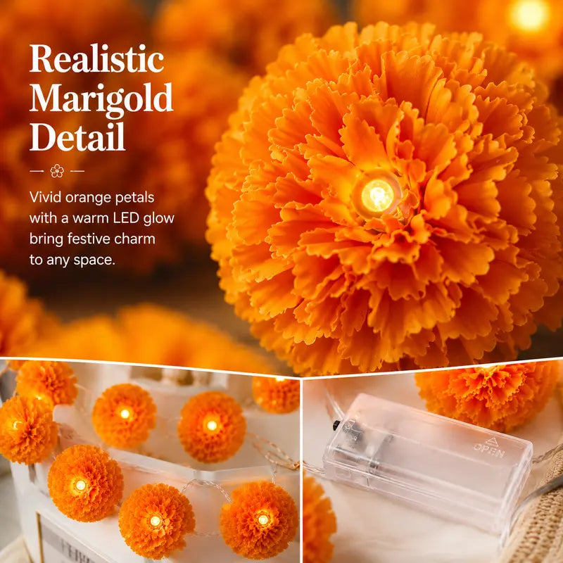 3M Mexican Marigold LED String Lights, 20 Flashing Orange Cempasuchil Style Garland✨