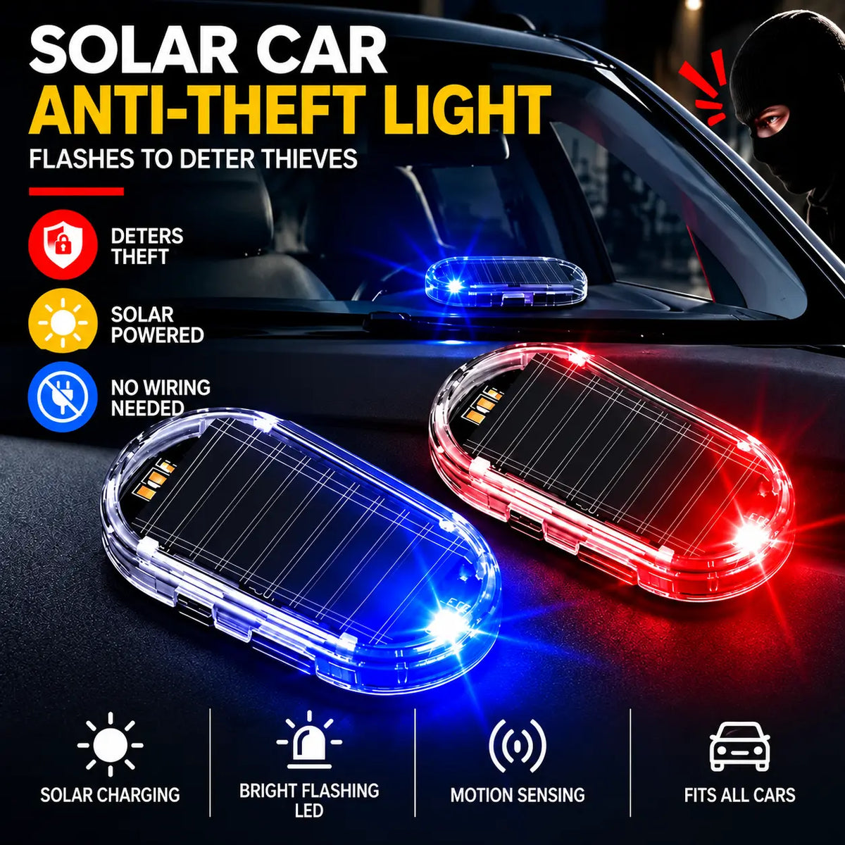 2PCS Solar Powered Fake Car Alarm Light, Auto Light Sensor LED Simulated Security Warning Flashing Light🚨