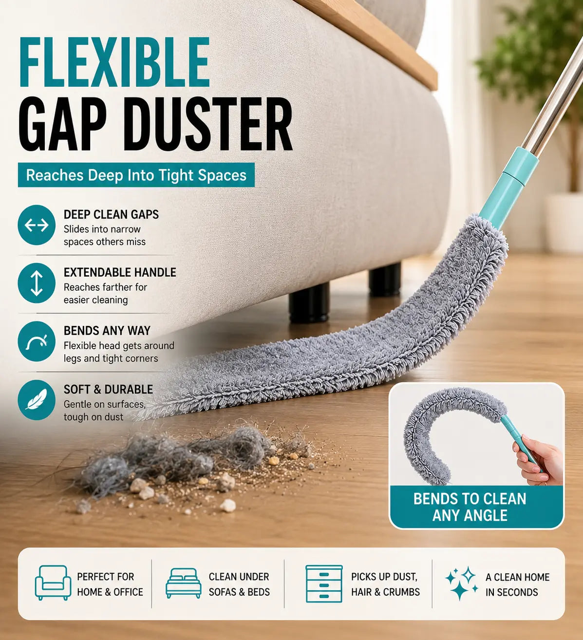 Replacement Gap Duster for Home Corner Place, Durable Flexible Arbitrary Bending Microfiber Dust Brush🧹