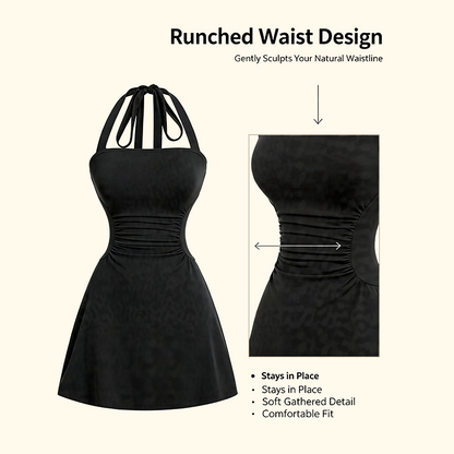 Women's Plain Ruched Tie Back Halter Neck Dress, Casual Chic Sleeveless A Line Short Dress👗