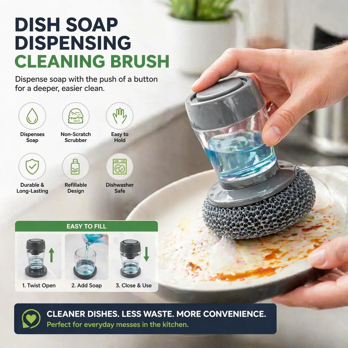 Plastic Auto-Dispense Dish Brush - Multifunctional Pot Scrubber🧼
