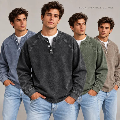 Men's Vintage Washed 3-Button Henley Long Sleeve Plain Pullover 🧥