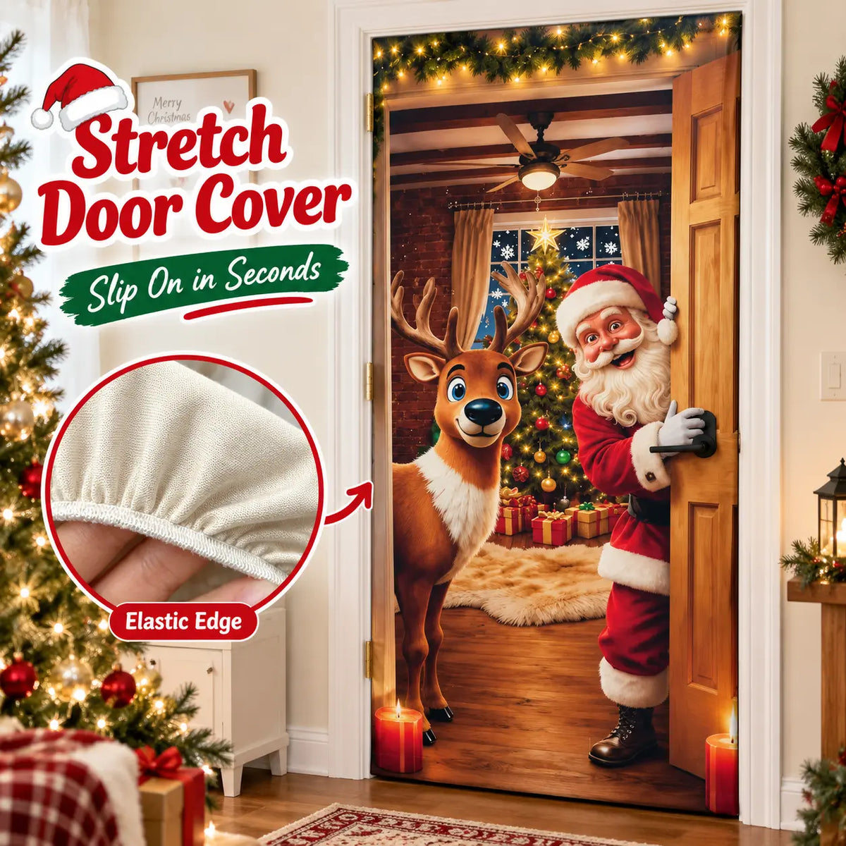 Christmas Door Cover Stretch Fit Santa & Reindeer Door Decoration with 4-Side Elastic Edges 🎅