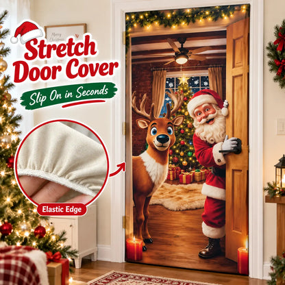 Christmas Door Cover Stretch Fit Santa & Reindeer Door Decoration with 4-Side Elastic Edges 🎅