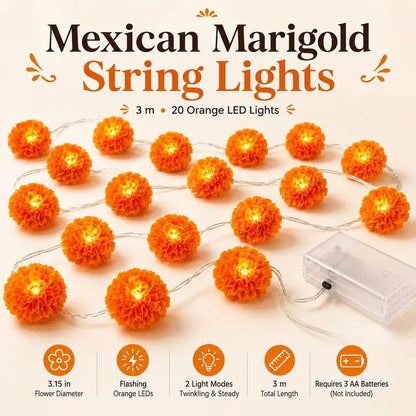 3M Mexican Marigold LED String Lights, 20 Flashing Orange Cempasuchil Style Garland✨