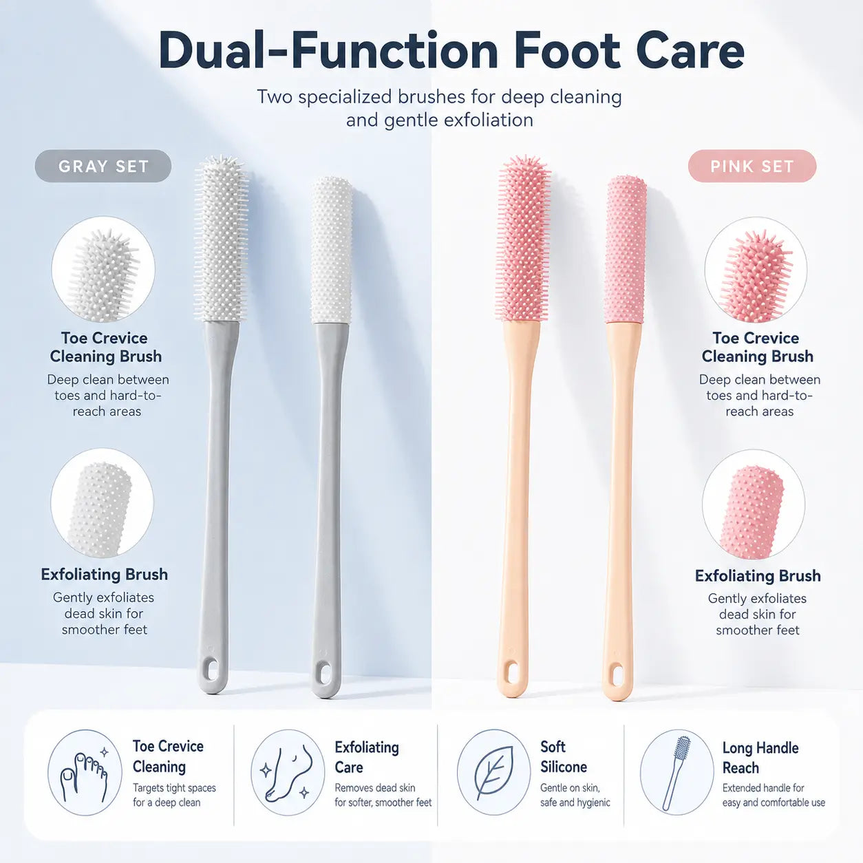 Gray and pink dual-function silicone foot care brush sets