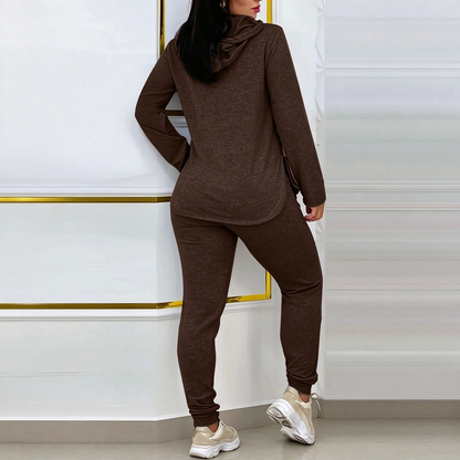 Women's Solid Basic 2-Piece Outfit, Drawstring Hooded Long Sleeve Top & Slim Fit Casual Pants 🧶