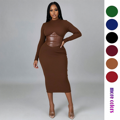 Women's Long-Sleeve High-Stretch Bodycon Midi Dress with PU Waist Belt Detail 👗