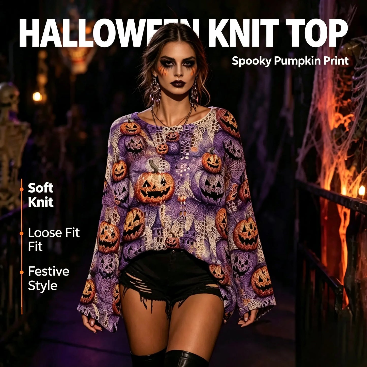 Women's Long-Sleeve Style Knitwear Piece, Halloween Pumpkin-Bat Print Casual Fall Pullover🎃