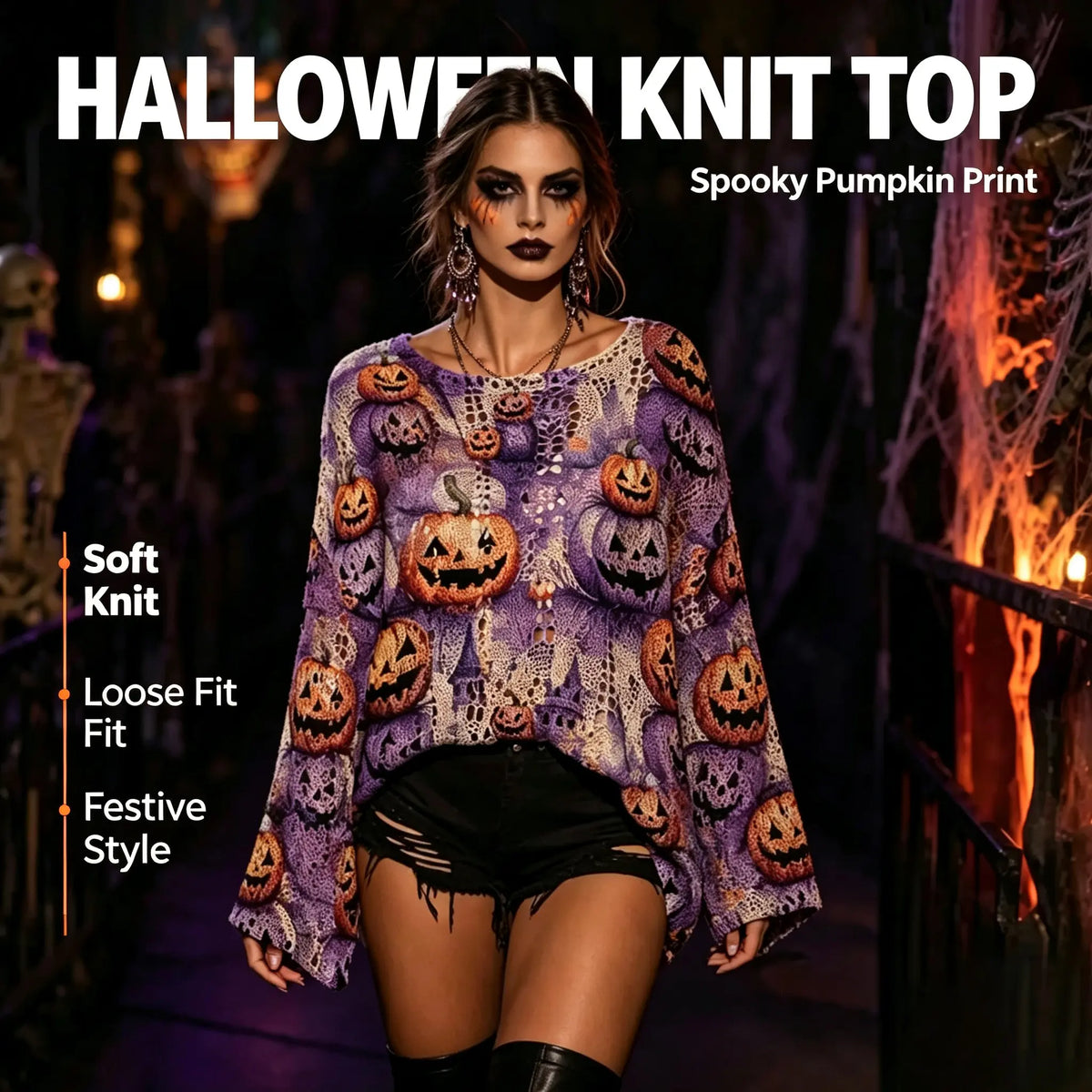 Women's Long-Sleeve Style Knitwear Piece, Halloween Pumpkin-Bat Print Casual Fall Pullover🎃