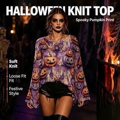 Women's Long-Sleeve Style Knitwear Piece, Halloween Pumpkin-Bat Print Casual Fall Pullover🎃