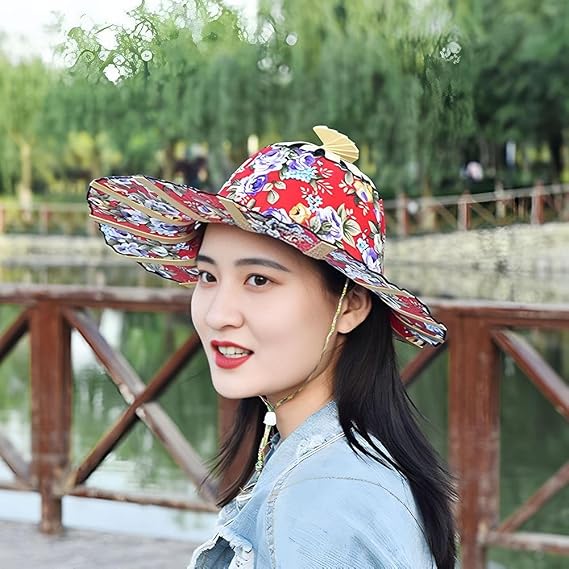 Foldable Bamboo Sun Hat UPF50+ Wide Brim Floral Outdoor Fishing Garden UV Protection Hat✨