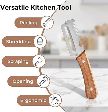 Ultra-sharp stainless steel peeler with wooden handle and bottle opener (2-piece set)