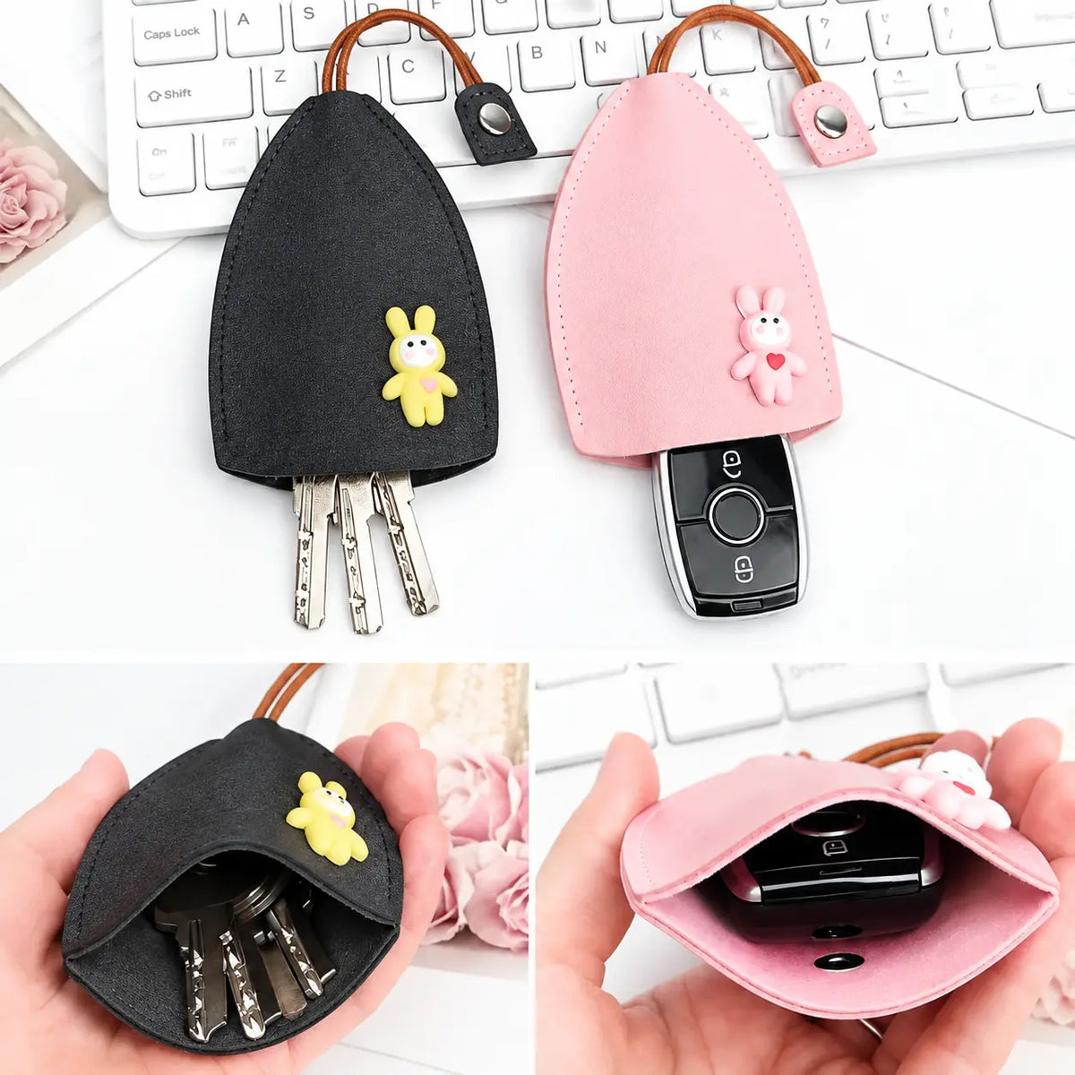 [Set of 3 - Orange, Pink & Black] Cute Cartoon Pull-out Key Case, Portable Leather Car Key Holder🔑