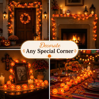 3M Mexican Marigold LED String Lights, 20 Flashing Orange Cempasuchil Style Garland✨