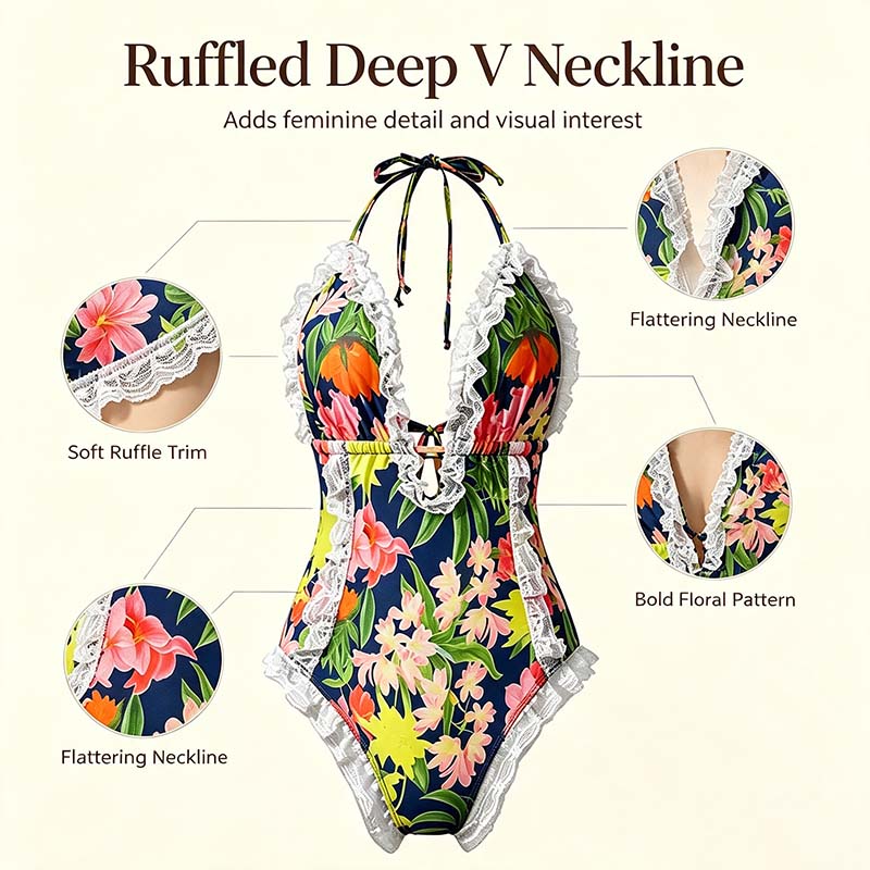Women's One Piece Halter V-neck Printing Lace Adjustable Back Straps Sexy Swimsuit 👙