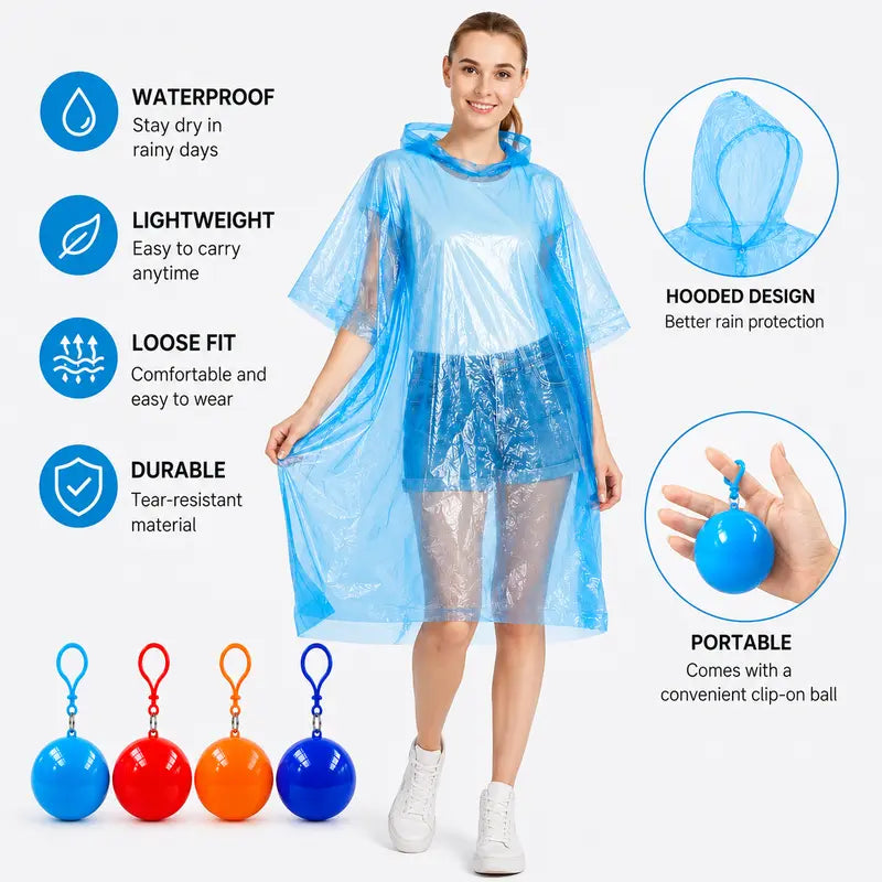 Random Color Disposable Hooded Rain Poncho, Waterproof Coat with Keychain Ball ☔