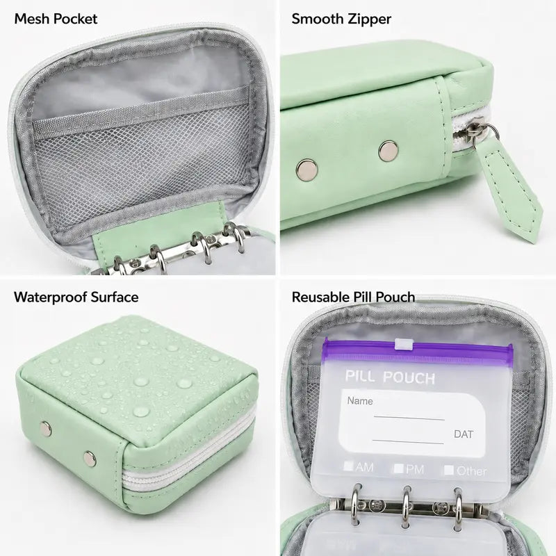 Pill pouch organizer case with binder rings and mesh pocket