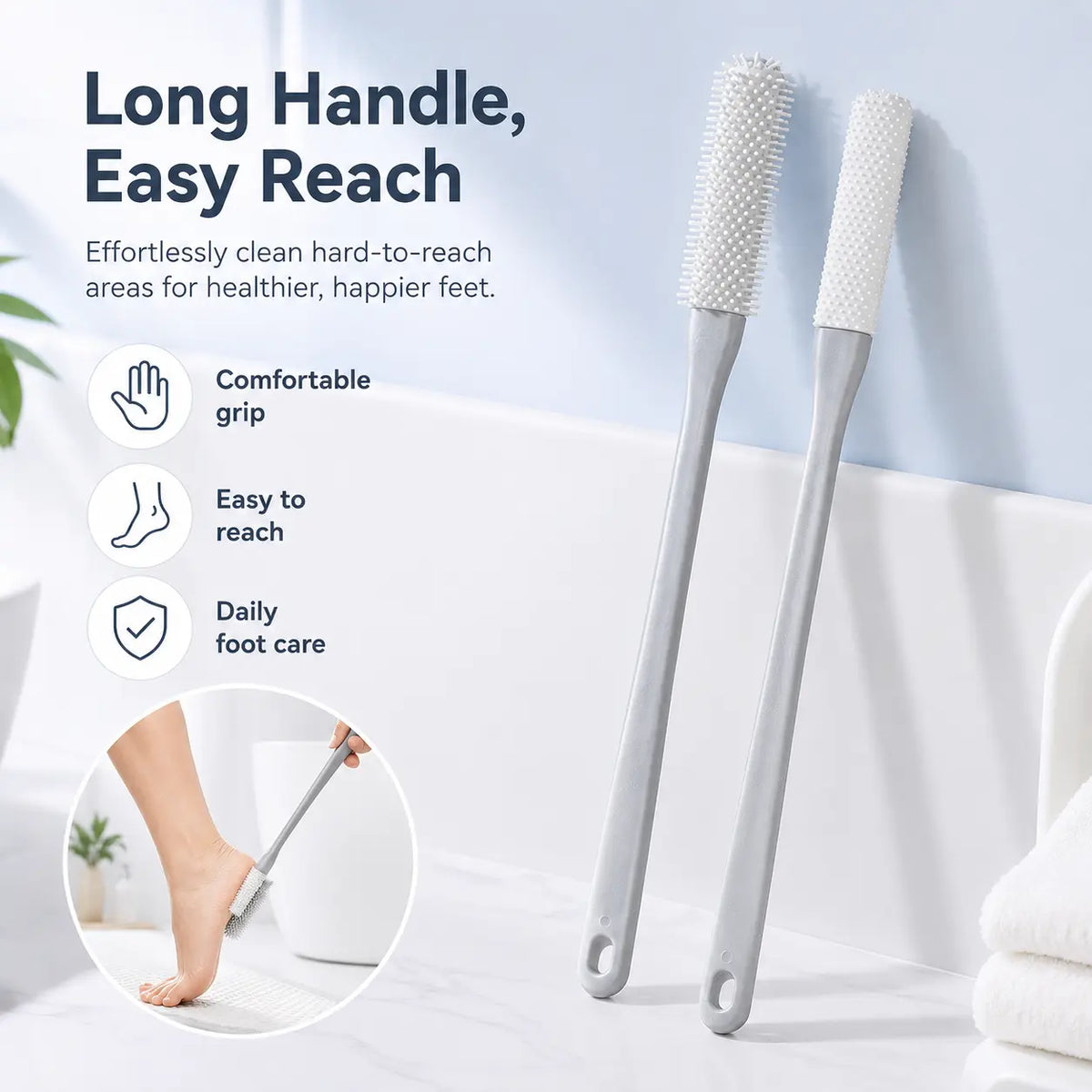 Long handle foot cleaning brush for easier reach