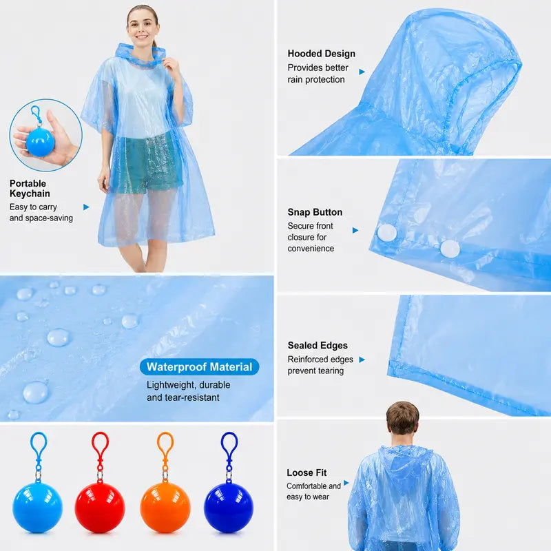 Random Color Disposable Hooded Rain Poncho, Waterproof Coat with Keychain Ball ☔