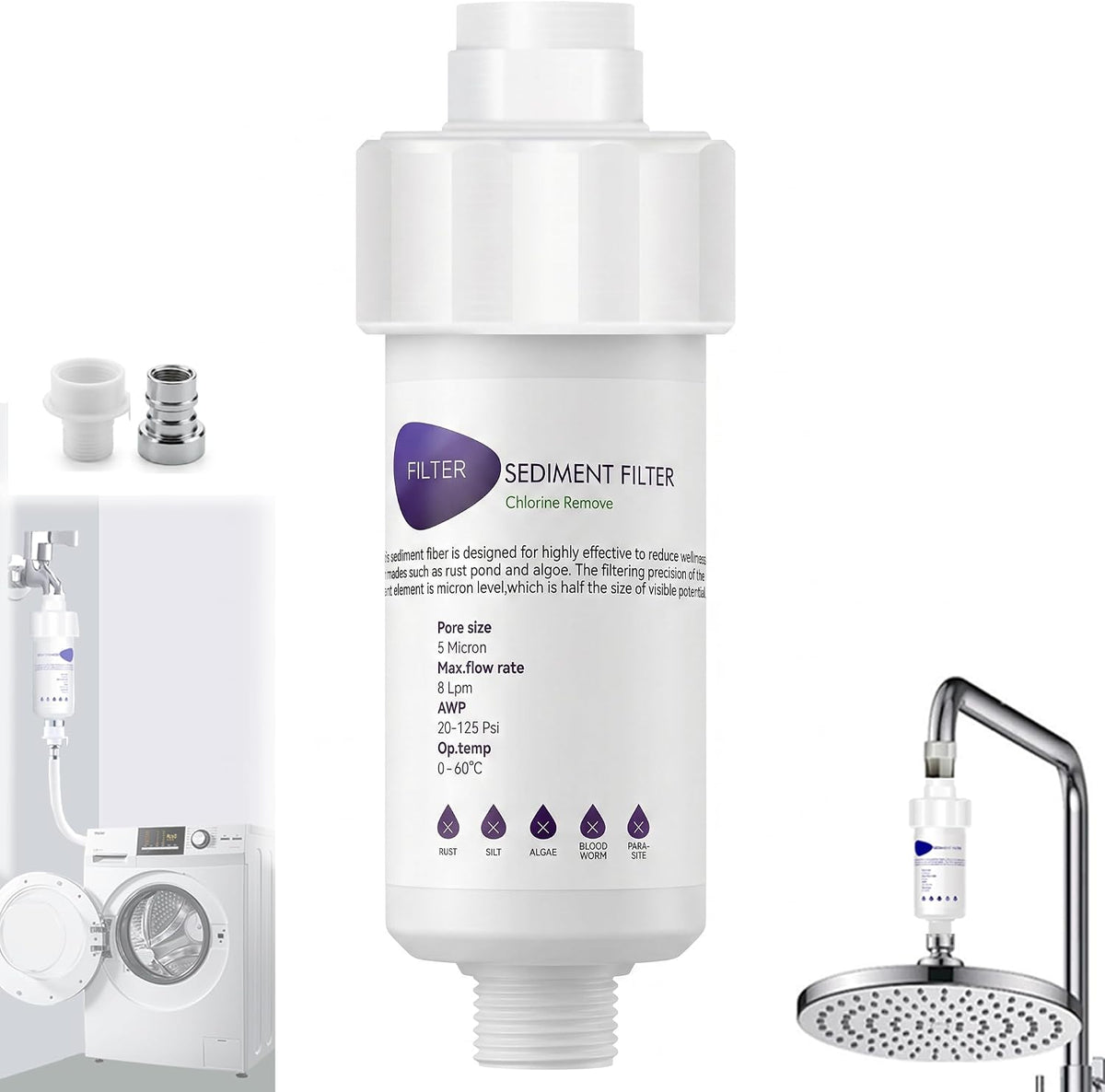 5 Micron PP Water Filter, Reduce Rust & Chlorine with Quick Connect Adapter for Washing Machine 💦