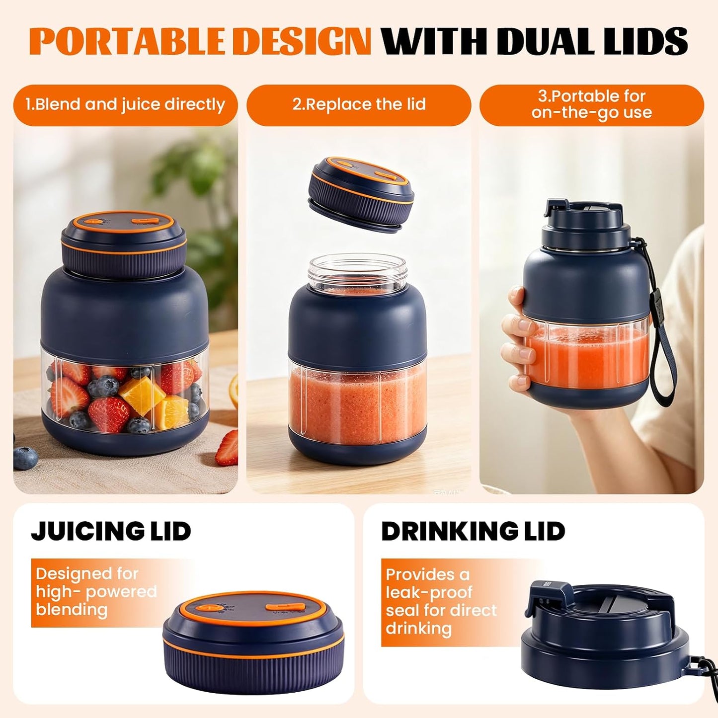 Portable Household Appliances Juicer, 1300ml Large Capacity USB Rechargeable Juice Blender Cup🍹