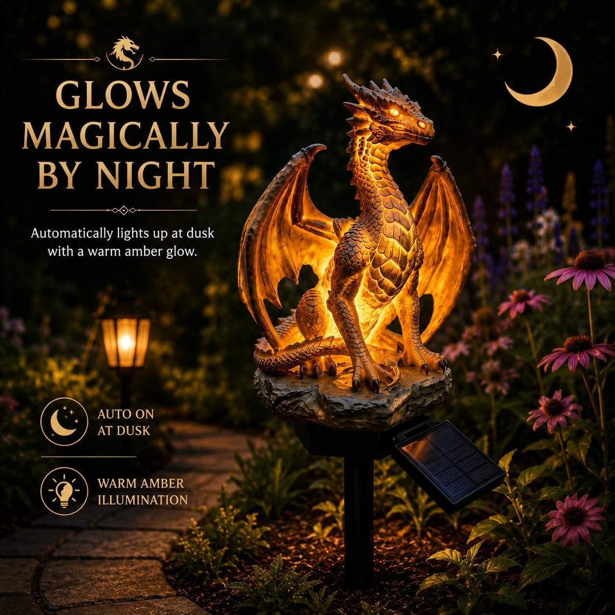 Solar Dragon Garden Statue Light, Resin Figurine Outdoor Path Lamp 🐉