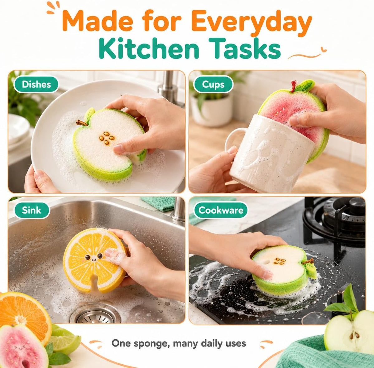 Fruit shaped cellulose sponges used for kitchen cleaning